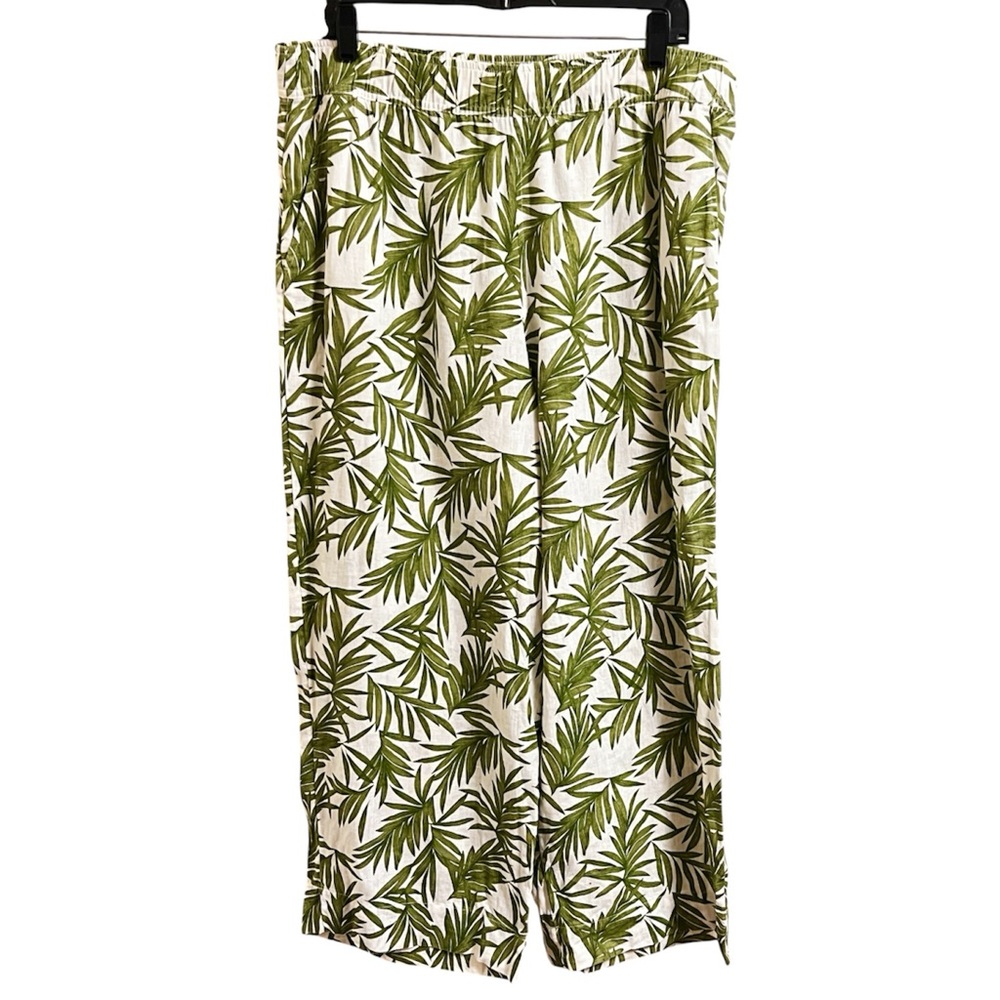 Nicole Miller 100% Linen Leaf Print Wide Leg Elastic Waist Cropped Pants Size XL